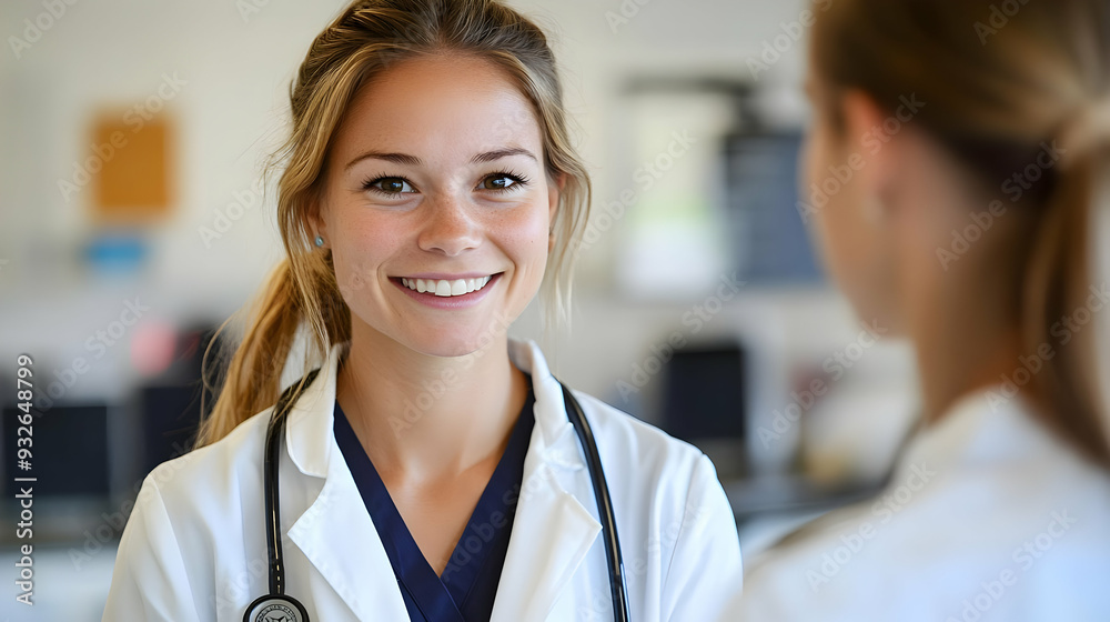 A smiling female doctor in a medical setting.