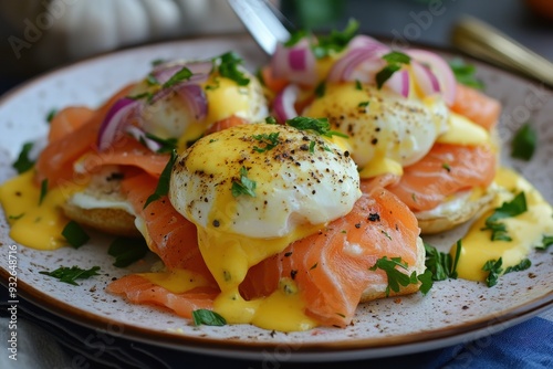 Smoke salmon and eggs Benedict Brunch