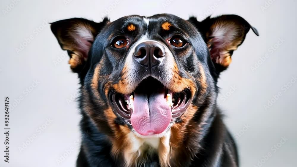 Happy mixed breed dog panting and sticking out its tongue playfully, showing off its cheerful side in a close up portrait on a white background Happy mixed breed dog panting and sticking out its tongue playfully, showing off its cheerful side in a close up portrait on a white background