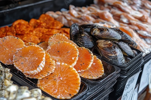 Smoked seafood for sale at famous farmer s market photo