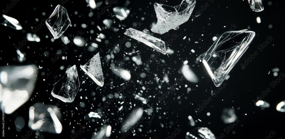 Shards of broken glass flying in the air against a black background, Shards of broken glass flying in the air against a black background,