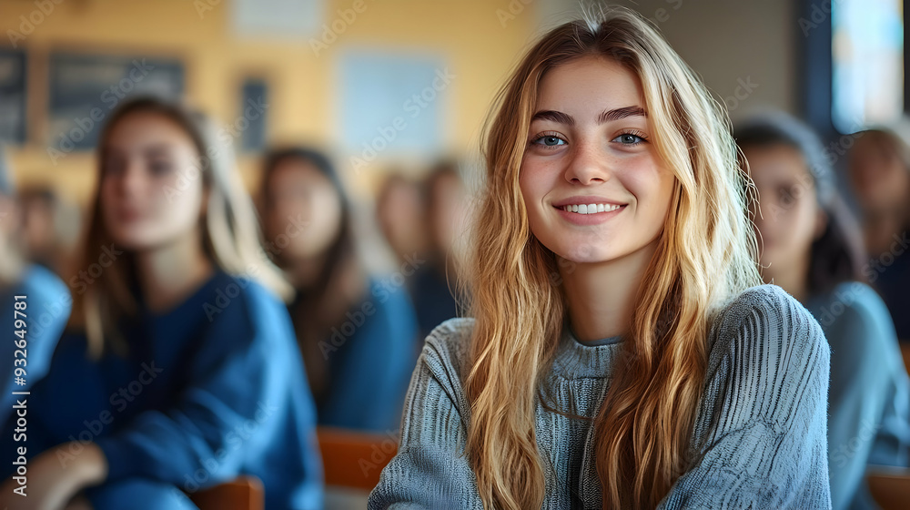 A smiling girl in a classroom setting with peers in the background.