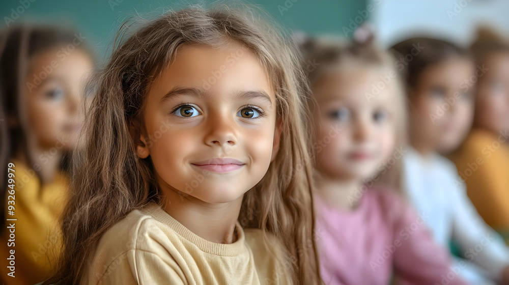 A smiling girl in a classroom with peers in the background. A smiling girl in a classroom with peers in the background.
