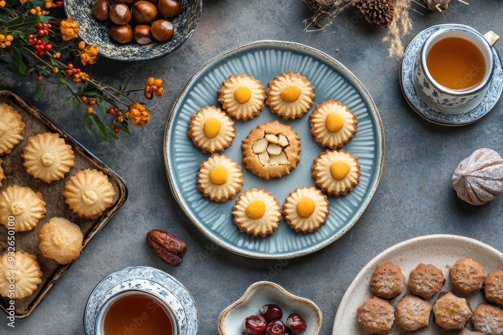 Spanish almond marzipan pastries cookies and sweets on a cozy table for All Saints Day Castanyada Top view Spanish almond marzipan pastries cookies and sweets on a cozy table for All Saints Day Castanyada Top view