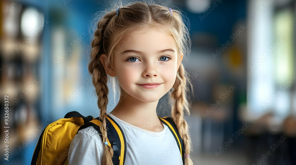 A smiling girl with braids and a backpack in a bright setting. A smiling girl with braids and a backpack in a bright setting.