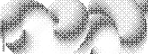 Pixelated curved gradient shape. Dotted dither undulate texture background. Liquid squiggling form for banner, poster, leaflet, brochure. Abstract rasterized overlay backdrop. Vector comic wallpaper