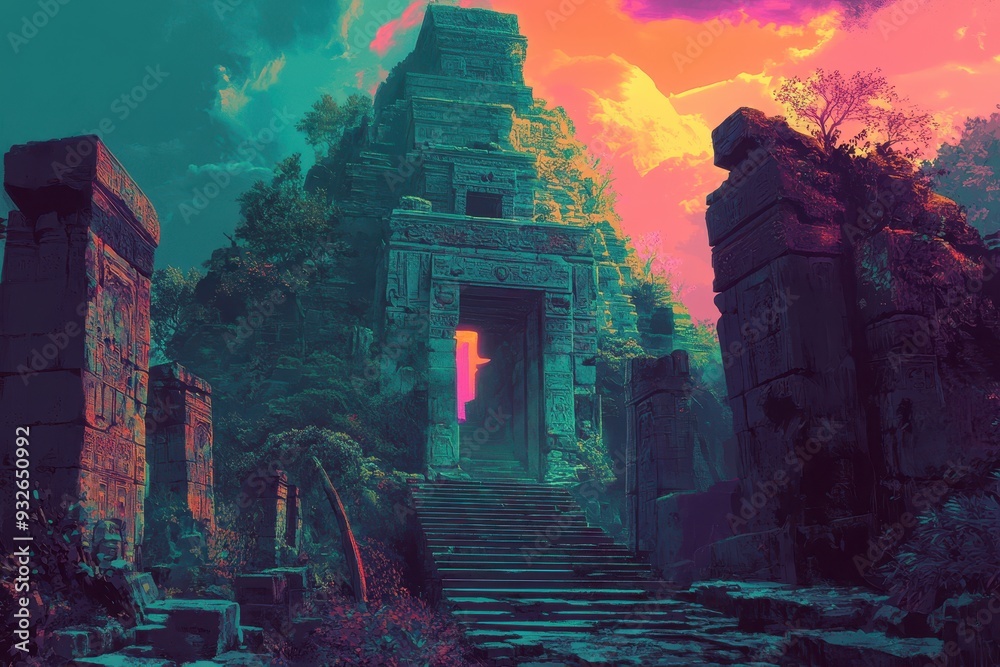 Ancient Stone Temple Ruins with Glowing Entrance and Steps Ancient Stone Temple Ruins with Glowing Entrance and Steps