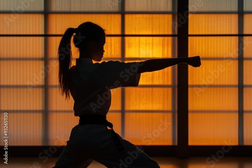 Teen girl in Yama tsuki pose at karate studio photo