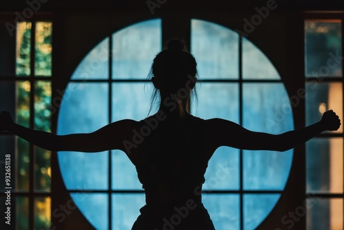 Teen girl in Fudo Dachi pose at karate studio photo