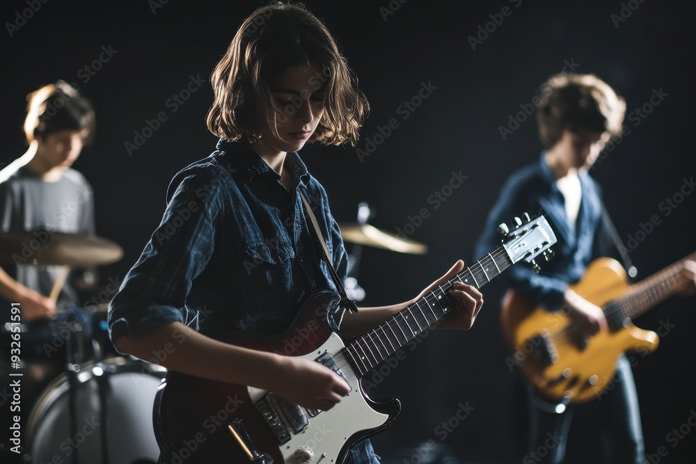Fototapeta premium Teenage band performing in front of dark backdrop
