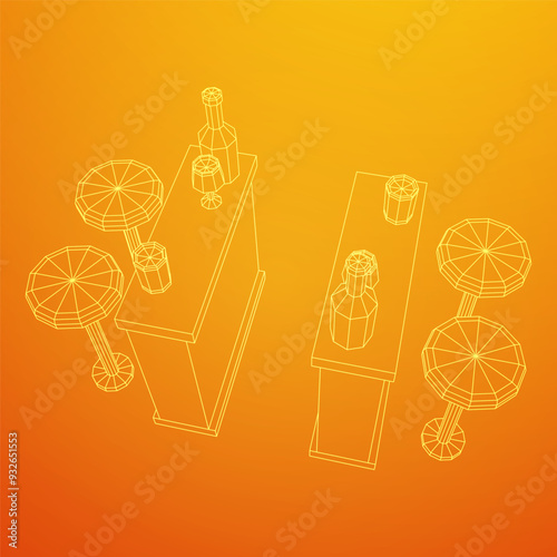 Bar counter with stools, bar top with bottles and glasses. Wireframe low poly mesh vector illustration.