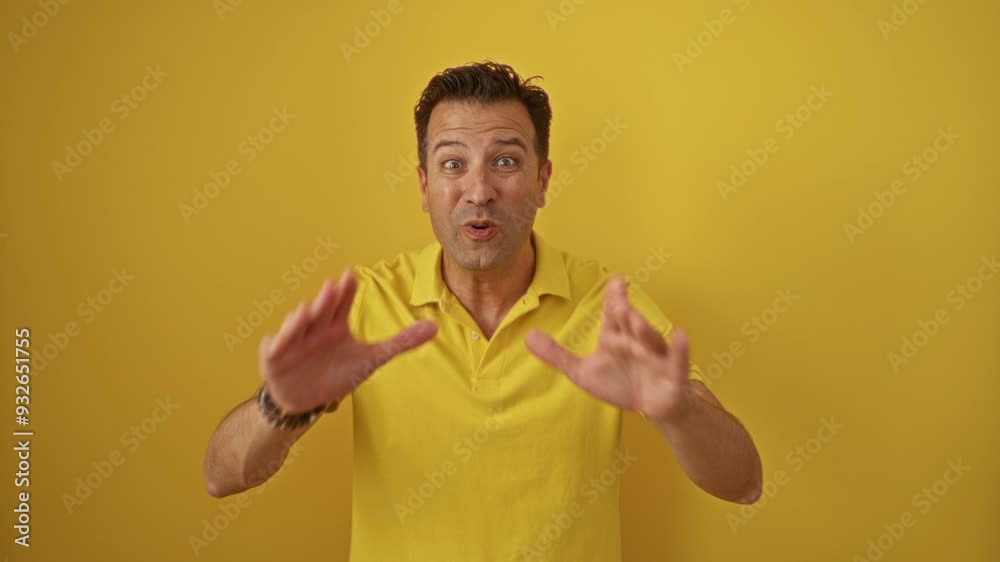 Hispanic man, middle-aged, standing with an amazed and scared expression, mouth open in disbelief over isolated yellow background Hispanic man, middle-aged, standing with an amazed and scared expression, mouth open in disbelief over isolated yellow background