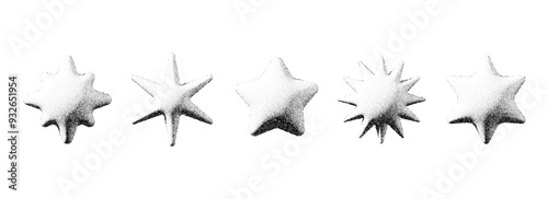 Black stippled stars collection. 3d dotted textured sparkles and flares set. Halftone grain noise starburst shape bundle. Dot work grunge asterisks and stars elements for poster, banner, flyer. Vector