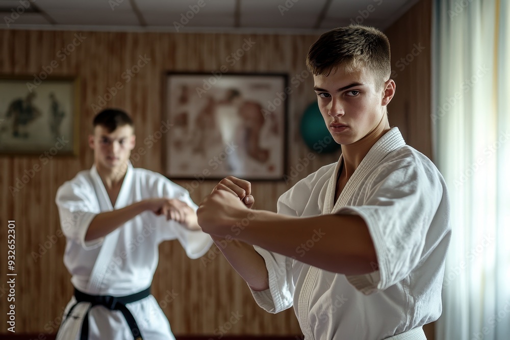 Obraz premium Teenage karate lesson sparring in gym