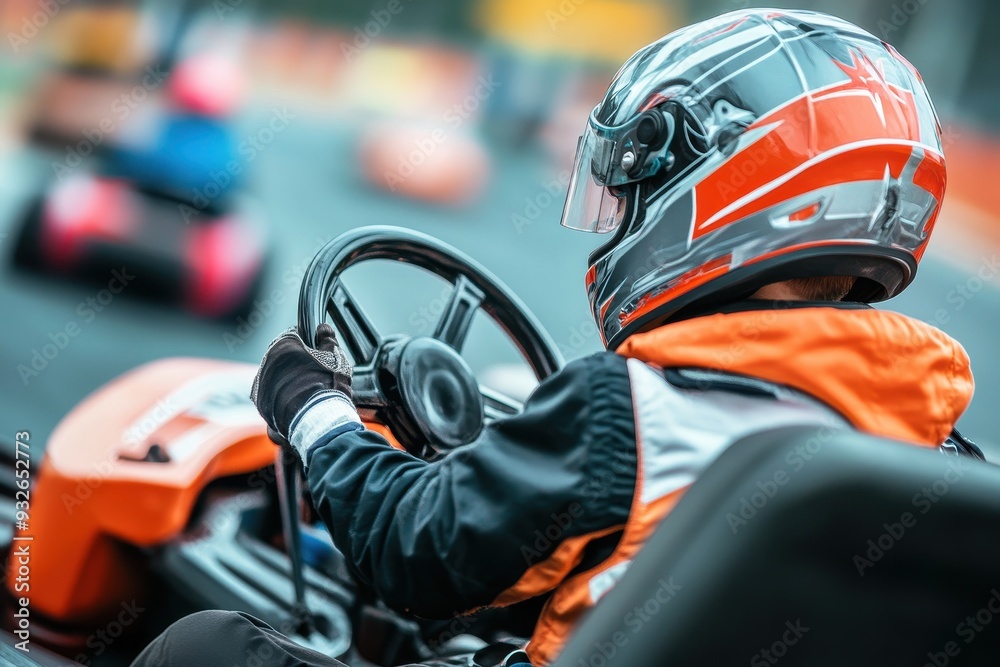 Teenager in kart racing championship overtakes rivals on circuit road steering kart Teenager in kart racing championship overtakes rivals on circuit road steering kart