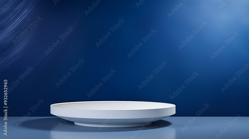 Elegant royal blue background wall with a glossy empty white display table for a sophisticated product display Elegant royal blue background wall with a glossy empty white display table for a sophisticated product display