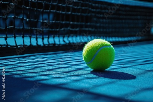 Tennis ball on blue court with black net tournament concept