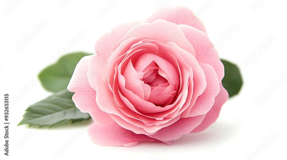 Single pink rose with green leaves isolated on white background. Single pink rose with green leaves isolated on white background.