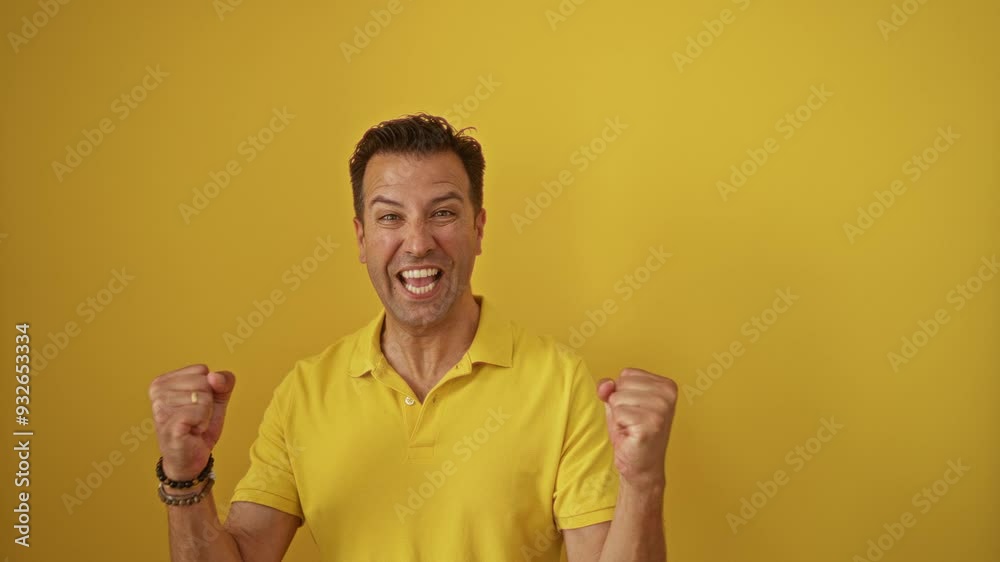 Hispanic man, middle age, standing excited for success and victory with raised arms, proud and screaming over isolated yellow background Hispanic man, middle age, standing excited for success and victory with raised arms, proud and screaming over isolated yellow background