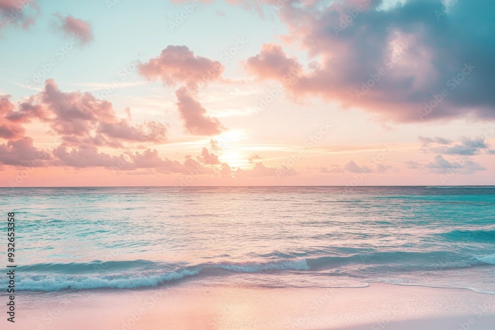Obraz premium Serene Sunset on an Exotic Island Beach with Calm Sea and Soft Pastel Colors Reflecting on the Water’s Surface, Beautiful Clouds in the Sky