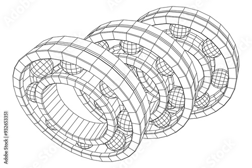 Roller bearing. Circular round rotating bearings used in industry for heavy equipment mechanical work and engineering. Wireframe low poly mesh vector illustration.