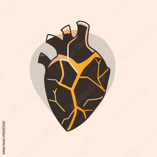 Black heart with marble gold pattern Kintsugi The concept of restoring a broken heart Unhappy love Vector flat illustration (5)