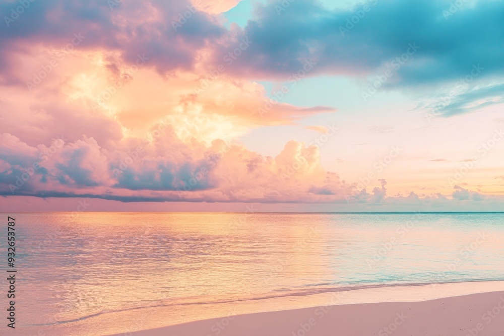 Serene Sunset on an Exotic Island Beach with Calm Sea and Soft Pastel Colors Reflecting on the Water’s Surface, Beautiful Clouds in the Sky Serene Sunset on an Exotic Island Beach with Calm Sea and Soft Pastel Colors Reflecting on the Water’s Surface, Beautiful Clouds in the Sky