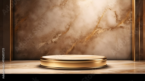 Glamorous gold-themed background wall with an elegant empty marble table for luxury product displays