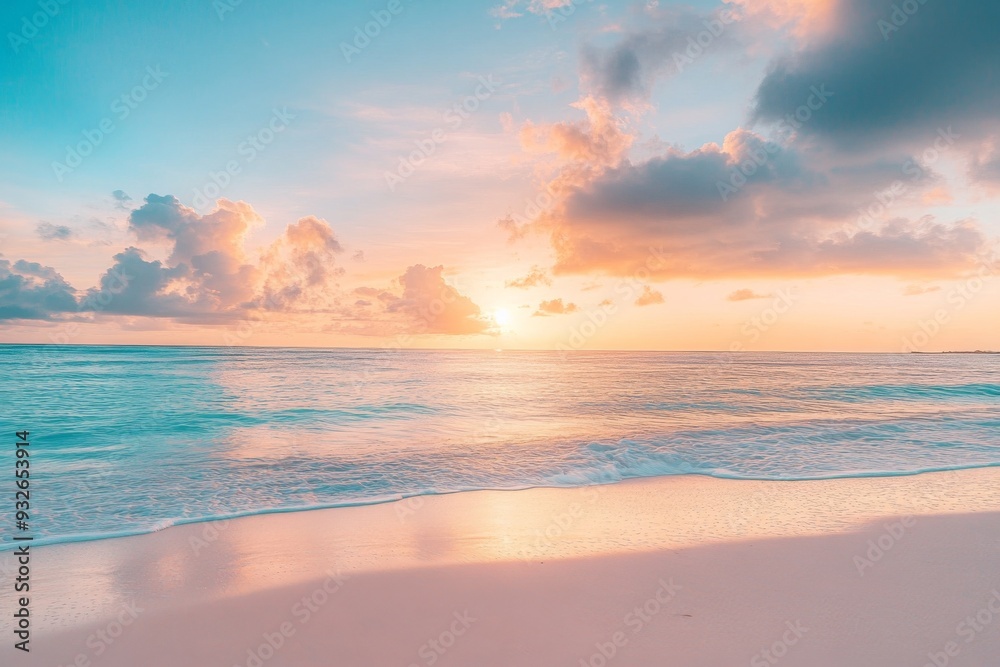 Serene Sunset on an Exotic Island Beach with Calm Sea and Soft Pastel Colors Reflecting on the Water’s Surface, Beautiful Clouds in the Sky Serene Sunset on an Exotic Island Beach with Calm Sea and Soft Pastel Colors Reflecting on the Water’s Surface, Beautiful Clouds in the Sky