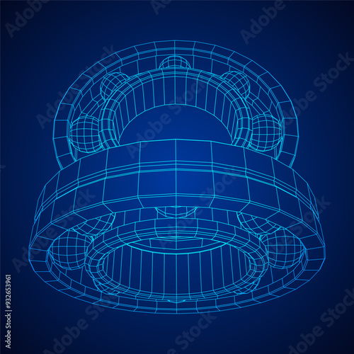 Roller bearing. Circular round rotating bearings used in industry for heavy equipment mechanical work and engineering. Wireframe low poly mesh vector illustration.