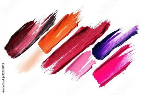 Various lipstick and nail polish strokes individually photographed on white background
