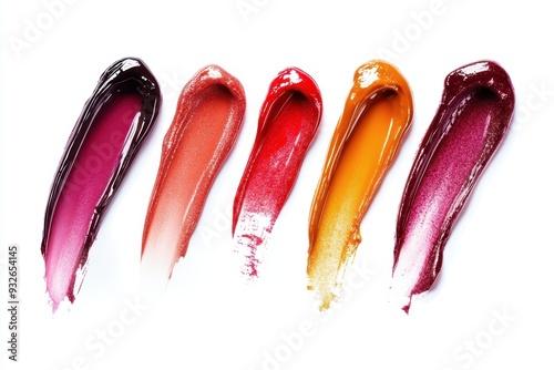 Various lip glosses smudged on white surface