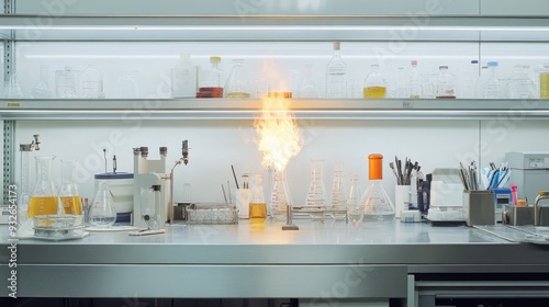 A chemistry lab with beakers, measuring cylinders, and a burner flame, all organized neatly on a stainless-steel workbench.