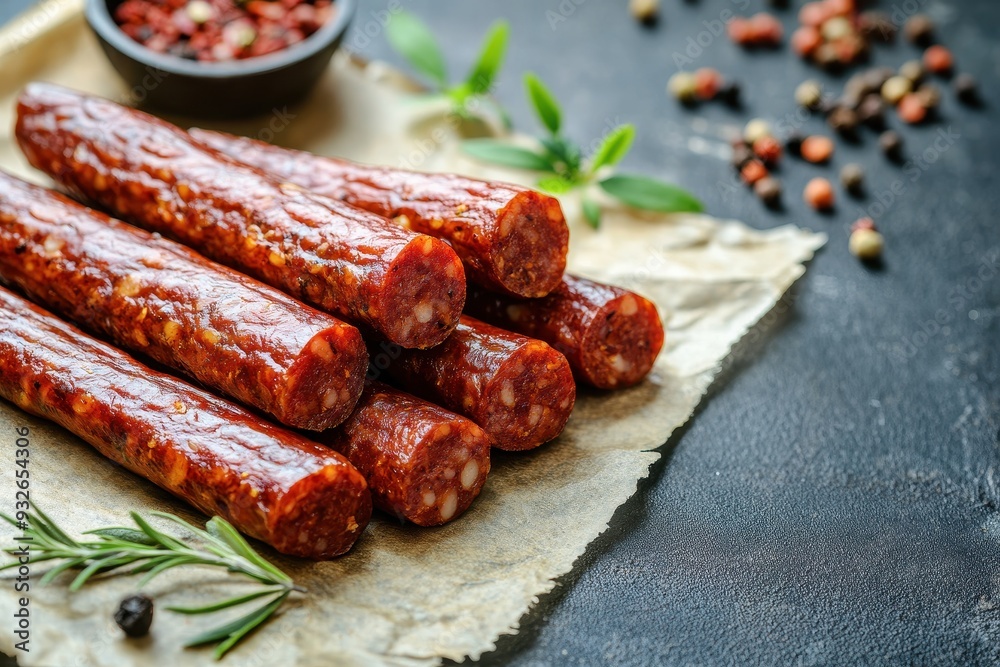 Various meat products on paper Thin dry smoked sausage good for snacking High resolution food image Various meat products on paper Thin dry smoked sausage good for snacking High resolution food image