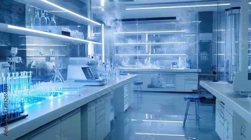 A clean lab with sterile instruments, test tubes filled with solutions, and safety protocols clearly visible.