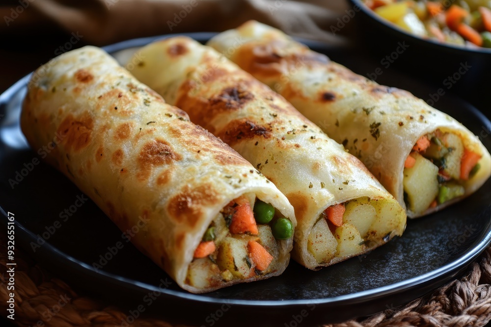 Vegetable Indian Rolls have a delicious filling of carrots potatoes pepper peas and spices Vegetable Indian Rolls have a delicious filling of carrots potatoes pepper peas and spices