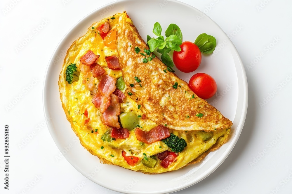 Vegetable and bacon omelette on white plate viewed from above Vegetable and bacon omelette on white plate viewed from above