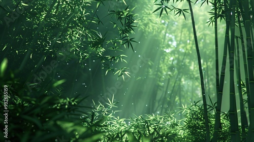 5. Majestic Japanese bamboo forest bathed in bright green hues, with thick clusters of bamboo shoots creating an immersive and serene natural setting