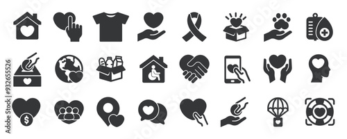 Charity glyph solid icons collection. Containing content donation, volunteer, foundation, help. Minimal icon and symbol series vector illustration