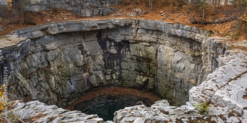 Circular karst sinkhole above defunct limestone quarry Diameter approximately 15 feet depth 40 50 feet Ongoing formation process