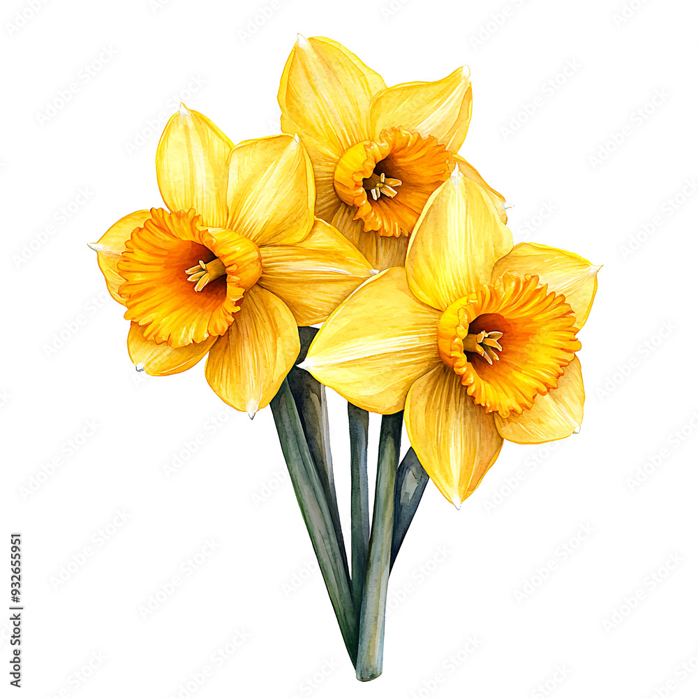 A close-up of vibrant yellow daffodils with rich orange centers isolated on transparency PNG background, perfect for use in floral designs, spring-themed projects, greeting cards A close-up of vibrant yellow daffodils with rich orange centers isolated on transparency PNG background, perfect for use in floral designs, spring-themed projects, greeting cards