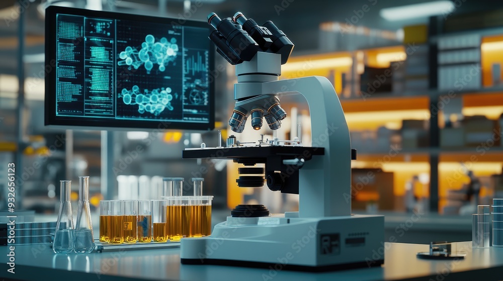 Fototapeta premium A lab with digital sensors, test tubes in a holder, and a high-powered microscope set up for molecular analysis.