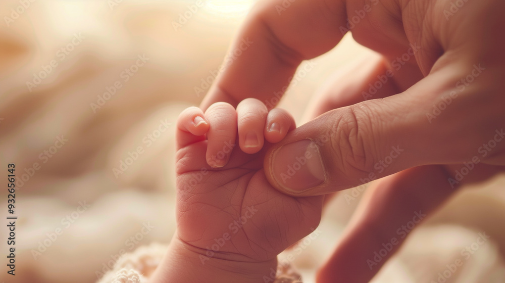 Newborn Holding Adult Finger in Tender Moment Newborn Holding Adult Finger in Tender Moment