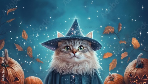 Wallpaper Mural Cat in a wizard costume, with a starry hat and robe, surrounded by magical sparks and Halloween pumpkins, fantasy style, vibrant colors Torontodigital.ca