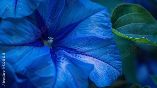 3. Macro shot of Blue dawn flower, highlighting the intricate details of the Ipomoea indica petals and the vivid blue hue, set against green leaves in a garden photo