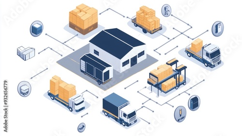 A logistics process flow diagram with icons representing warehousing, transportation, and final delivery stages.