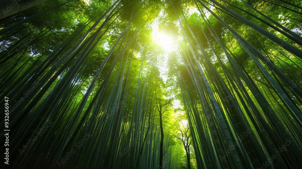 1. Lush green Japanese bamboo forest with tall, slender stalks stretching high into the sky, sunlight filtering through the dense foliage, creating dappled light patterns on the forest floor 1. Lush green Japanese bamboo forest with tall, slender stalks stretching high into the sky, sunlight filtering through the dense foliage, creating dappled light patterns on the forest floor