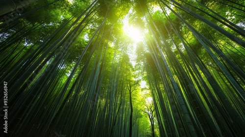 1. Lush green Japanese bamboo forest with tall, slender stalks stretching high into the sky, sunlight filtering through the dense foliage, creating dappled light patterns on the forest floor