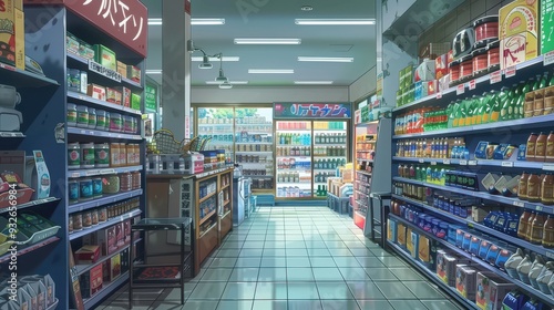 Brightly lit aisles filled with vibrant products invite shoppers to explore the well-stocked anime grocery store atmosphere