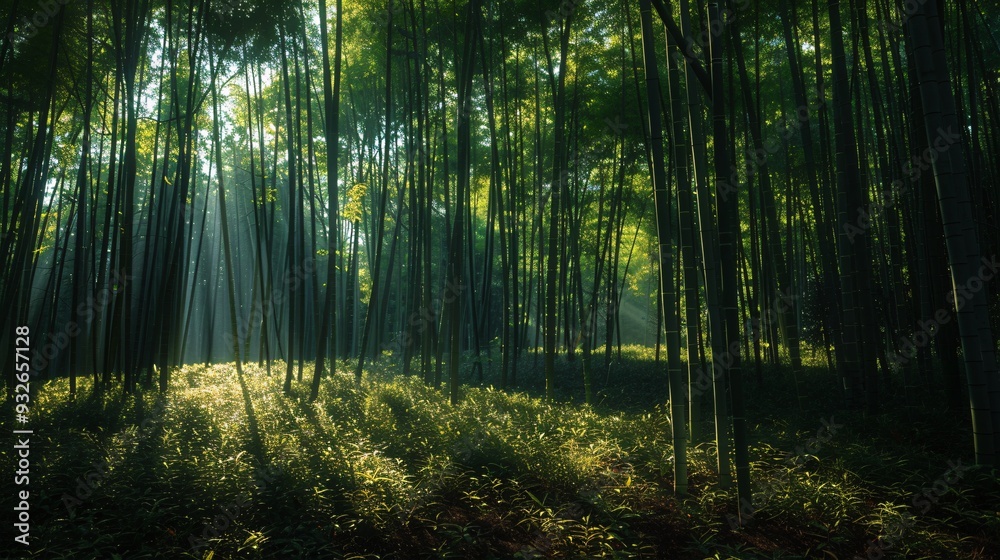 Naklejka premium 3. Bright green bamboo grove in Japan, with the sun casting long shadows and illuminating the leaves, creating a tranquil and refreshing environment
